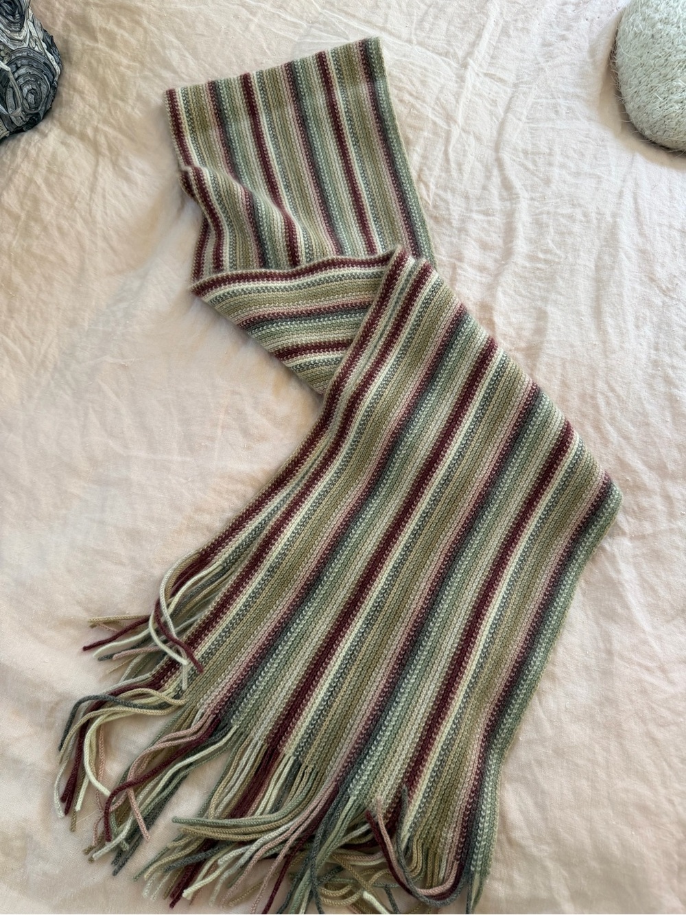 Carroll Striped Fringe Knit Scarf in Sage, Mauve & Cream